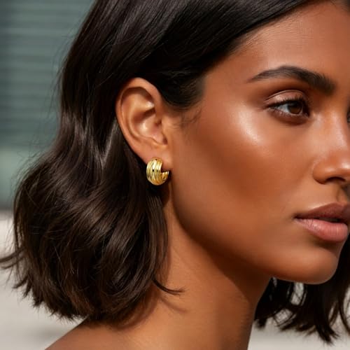 925 Sterling Silver Hoop Earrings for Women Chunky Small Huggie Earrings | Hypoallergenic Lightweight Huggy Earrings Crafted with 925 Sterling Silver Posts Fashion Jewelry Gifts - color: Gold Chunky Huggie Earrings