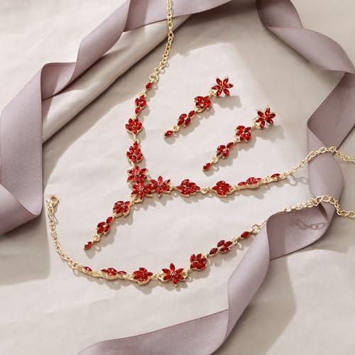 EVER FAITH Crystal Flower Wedding Prom Jewelry Set for Bride Bridesmaid | Rhinestone Costume Party Y-Shaped Necklace Dangle Earrings Bracelet, for Women - color: Red Gold-Tone