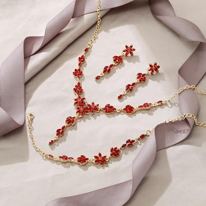 EVER FAITH Crystal Flower Wedding Prom Jewelry Set for Bride Bridesmaid | Rhinestone Costume Party Y-Shaped Necklace Dangle Earrings Bracelet, for Women - color: Red Gold-Tone