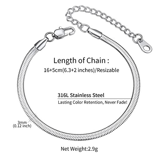 ChainsHouse Stainless Steel Herringbone Flat Chain Bracelets for Women,18K Gold/Rose Gold/Black Metal Paperclip/Snake/Cuban/Figaro Sterling Silver Link Charm Bracelet, 16+5cm Adjustable, With Gift Box - color: e. herringbone-stainless-3mm