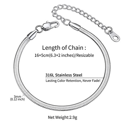 ChainsHouse Stainless Steel Herringbone Flat Chain Bracelets for Women,18K Gold/Rose Gold/Black Metal Paperclip/Snake/Cuban/Figaro Sterling Silver Link Charm Bracelet, 16+5cm Adjustable, With Gift Box - color: e. herringbone-stainless-3mm