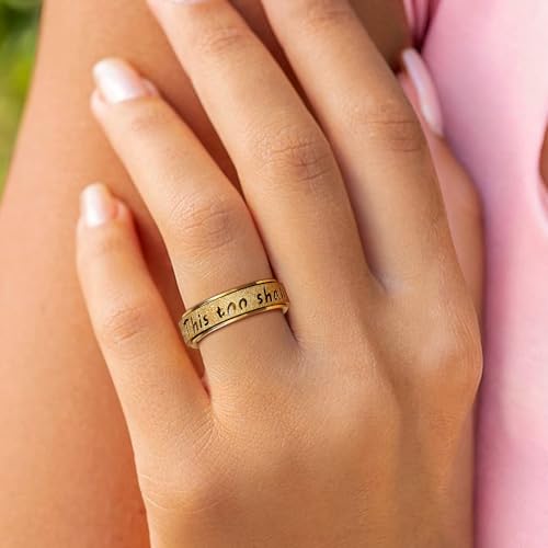 Fidget Spinner Ring for Women - THIS TOO SHALL PASS Stainless Steel 18K Gold Plated Anxiety Rotating Inspirational Ring for Stress Relief, Thumb Hope Rings Jewelry Gift for Women Men - color: Gold