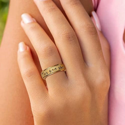 Fidget Spinner Ring for Women - THIS TOO SHALL PASS Stainless Steel 18K Gold Plated Anxiety Rotating Inspirational Ring for Stress Relief, Thumb Hope Rings Jewelry Gift for Women Men - color: Gold