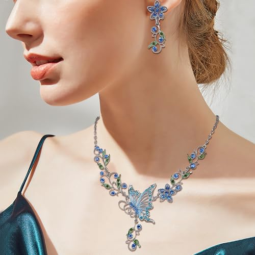EleQueen Women's Crystal Butterfly Flower Leaf Necklace Earrings Set | Crystal Jewelry Set for Brides Bridesmaids, Necklace Set for Party - color: Sapphire
