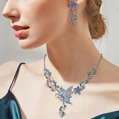 EleQueen Women's Crystal Butterfly Flower Leaf Necklace Earrings Set | Crystal Jewelry Set for Brides Bridesmaids, Necklace Set for Party - color: Sapphire