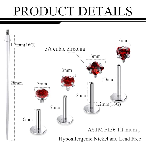 Titanium Flat Back Lip Rings Internally Threaded Earrings Studs Nose Rings 20G 18G 16G Round Heart Square CZ Tragus Cartilage Lobe Rook Helix Conch Labret Medusa Piercing Jewelry for Women Men - color: Red CZ, size: 16G-6/8/10mm