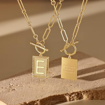 Tewiky Gold Initial Necklaces for Women, Square Letter Pendant Necklace | Toggle Clasp，Trendy 14K Gold Plated Dainty Paperclip Chain Necklaces for Women，Jewelry Gifts - style: Gold E