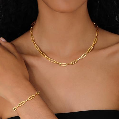 KesaPlan Gold Chain Necklace Bracelet and Earrings for Women Silver Chunky Jewelry Set, 14K Gold Plated Ladies Dainty and Chunky Chain Link Paperclip Jewelry Set for Women Gifts - style: Paperclip Set Gold 1