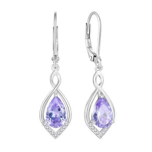 Infinity Teardrop Earrings 925 Sterling Silver Dangle Drop Leverback Earrings Birthstone Jewelry for Women - color: Light Lavender