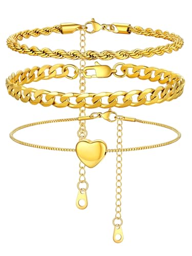 U7 2Pcs/3Pcs Ankle Bracelets for Women, Stainless Steel Cuban Link/Figaro/Rope/Heart Chain Anklets Sets,Waterproof Layered Anklets Adjustable 8.5"-10.5" - color: 04. 3Pcs Style B-Gold