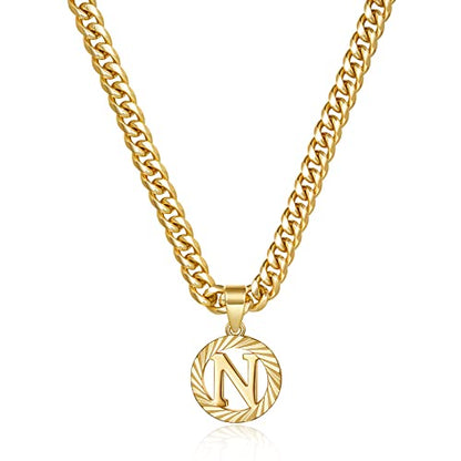 KissYan Initial Pendant Necklaces for Women Men | 14K Gold Filled/White Gold Plated, Hollow Round Letter Capital Monogram Charm with 5mm Cuban Chain, Alphabets from A-Z - color: Gold, style: N