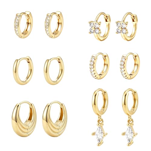 Wgoud 12 Pairs Small 14K Gold Plated Chunky Hoop Earrings for Women Hypoallergenic Lightweight Gold/Silver Hoop Earring Set for Sensitive Ears Trendy Cartilage Huggie Hoops Stacks for Multiple Piercing Jewelry - color: Gold-6 pairs- diamond