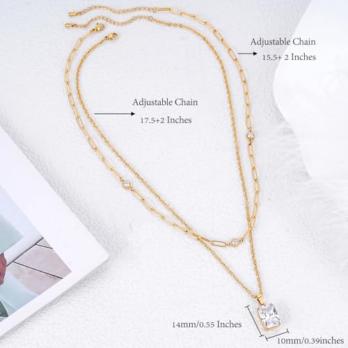Birthstone Layered Pendant Paperclip Necklace 18k Gold Plated Heart Choker Chain Necklace Emerald Cut Jewelry Birthday Gift for Women - color: Emerald-Cut Diamond