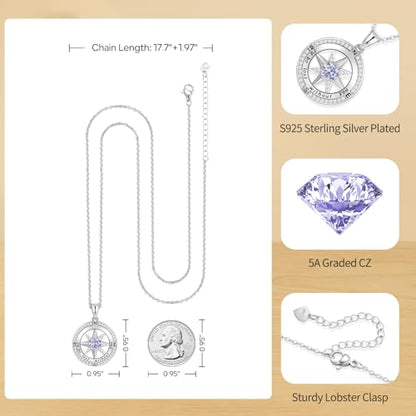 Peeshow Compass Birthstone Necklace for Women Wife, S925 Sterling Silver Gift for Wife Wedding Anniversary Birthday Gifts for Women Jewelry for Her Girlfriend I'd be Lost without You - style: 06-June-Alexandrite