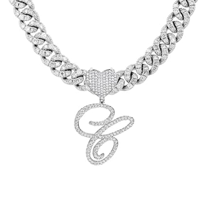 Initial Necklaces Silver Cuban Link Chain for Women Iced Out Chain with Heart Letter Pendants Custom Chain Name Necklace Hip Hop Jewelry Gift - color: C