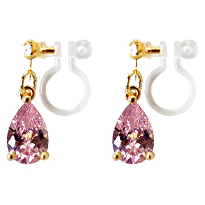 Drop Cubic Zirconia Invisible Clip On Earrings for Women Not Pierced Gold Teardrop Sqaure CZ Crystal Dangle Gold Silver Comfortable Clip On Earrings Bridal Wedding Prom - color: Teardrop 4 Pink