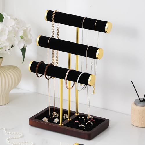 modern T-shaped jewelry rack, jewelry tower, gold metal, square ceramic base decoration display tower, necklace, bracelet, ring storage rack (3-layer black velvet) - style: 3-layer black velvet