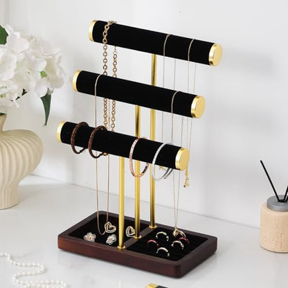 modern T-shaped jewelry rack, jewelry tower, gold metal, square ceramic base decoration display tower, necklace, bracelet, ring storage rack (3-layer black velvet) - style: 3-layer black velvet