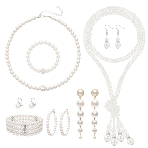 8pcs Faux Pearl Jewelry Set Elegant Pearl Earring and Necklace Set | 1920s retro style, 8 mix-and-match wearable piece, lightweight all-day wear, all-scene applicable, wedding bridal shower gift