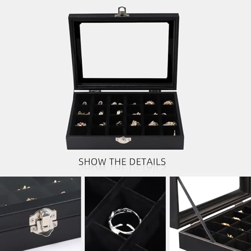 Wudygirl 24 Grid Earring Organizer Small Jewelry Box with Lid Black | Ring Box with Adjustable Dividers, Velvet Lining, Ideal for Rings, Earrings, Jewelry Display, Gift Giving - style: Black 24 Grid