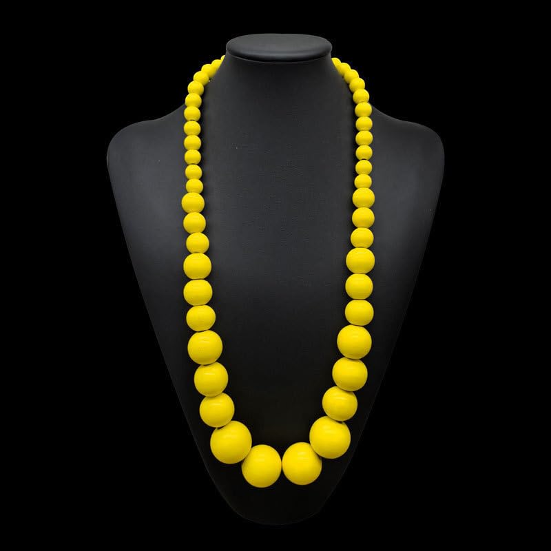 Boho Chunky Wooden Beads Necklace Colorful Natural Wood Big Round Beaded Strand Multicolor Necklaces Ethnic Statement Costume Wedding Jewelry for Women Brides - color: yellow