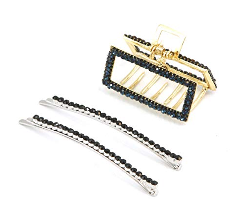 STARGAZER Hair Jaws Claw Clips – 3 Piece Set Rectangular Jaw and Bobby Pin Set Crystal Rhinestone Pearl Metal Decorative Hairpins Fashion Accessories for Women Girls SAM33-5746-6140A Black - color: Bobby Pin & Rectangular Jaw Set-Black