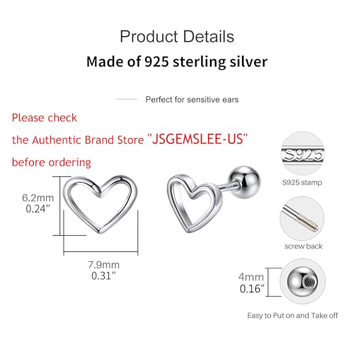 JSGEMSLEE Hypoallergenic 925 Sterling Silver Stud Earrings for Women With Screw Back Small Butterfly Heart Flower Earrings for Girls Tragus Cartilage Jewelry Gifts - color: Silver Heart