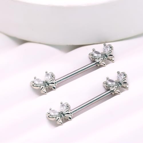 VERAMI 14G Stainless Steel Heart Nipple Rings and Barbell - Butterfly, Starlight Acrylic Ball, Tongue Rings for Women and Men - color: Silver butterfly