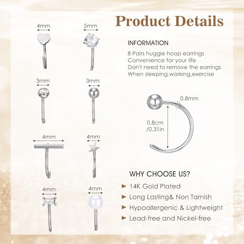 8 Pairs Stainless Steel Half Hoop Earrings | Huggie Hoop Earrings | Backless Earring for Women - color: Silver