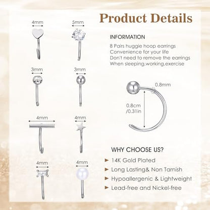 8 Pairs Stainless Steel Half Hoop Earrings | Huggie Hoop Earrings | Backless Earring for Women - color: Silver
