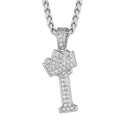 Richsteel Silver Crown Initial A-Z Letter Pendant Necklace for Men Women | Cubic Zirconia Monogram, 316L Steel Chain, 22" + 2" Extender,Hypoallergenic,Gift Box, Hip Hop Jewelry - style: I
