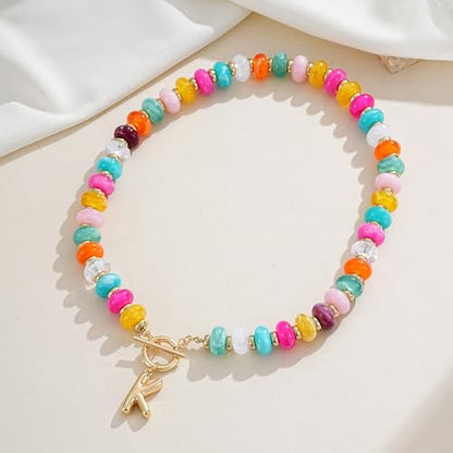 NIKOLUX Colorful Initial Necklaces for Women Chunky Resin Beaded Toggle Necklace 14K Gold Plated A-Z Bubble Letter Pendant Necklace Trendy Summer Beach Handmade Jewelry Gift - color: Colorful-K