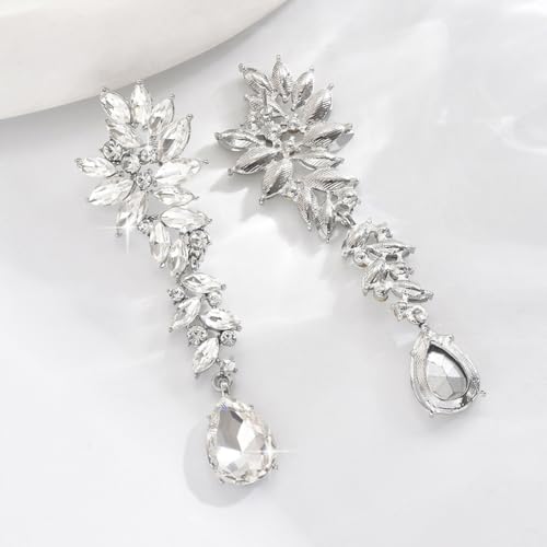 Silver Rhinestone Wedding Earrings for Women,Silver Sparkling Crystal Chandelier Earrings,Formal Cocktail Prom Teardrop Dangle Drop Statement Jewelry - color: Silver