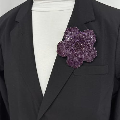 Rhinestone Flower Brooch Pin for Women Men Elegant Sparkly Crystal Camellia Floral Lapel Pins Shawl Dress Suit Clothes Accessories Wedding Party Fashion Jewelry 105mm - color: Purple