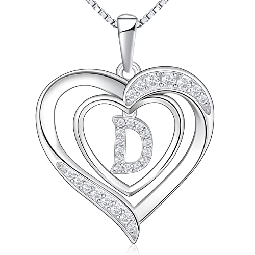 RIVIKO Heart Initial Necklace for Women, 925 Sterling Silver Letter Pendant,Personalized Charm Alphabet Jewelry Valentines Mother's Day Anniversary Christmas Birthday Gifts for Women Her Mom Wife - color: Letter-D