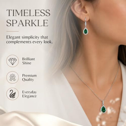 Jewelry Sets for Women, Necklace and Earring Sets for Women, Birthstone Jewelry, Genuine or Synthetic Gemstones, Teardrop Necklace and Dangle Earrings, Pendant Necklace, Sterling Silver Jewelry - color: Simulated Emerald
