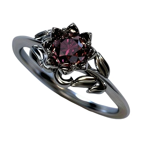 Cubic Zirconia Rings For Women, Gothic Ring Black Flower Crystal Stackable Trendy Floral Eternity Travel Engagement Statement Wedding Birthday Jewelry Gift - color: Goth Black Red