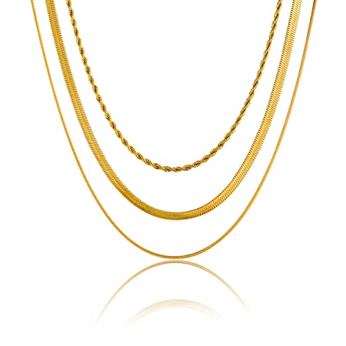 Herringbone Choker Necklace Set Double Layer Snake Chain Herringbone Chain Necklace Layering Necklace Set Cuban Chain Necklace for Women - style: 3Layered Snake+Rope-GD