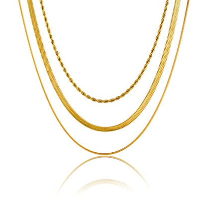 Herringbone Choker Necklace Set Double Layer Snake Chain Herringbone Chain Necklace Layering Necklace Set Cuban Chain Necklace for Women - style: 3Layered Snake+Rope-GD