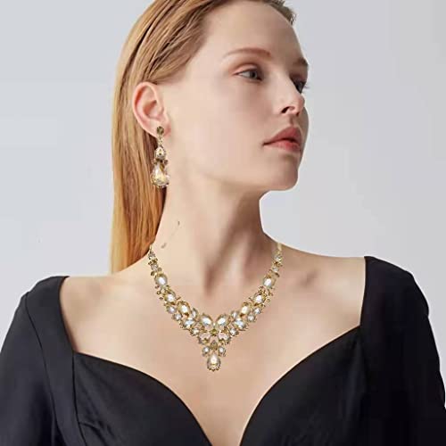 Women's Wedding Bridal Austrian Crystal Glass Teardrop Statement Necklace Dangle Earrings Bracelet Ring Wedding Party Jewelry Set for Bridal Bridesmaid - color: Champagne-Gold Plated