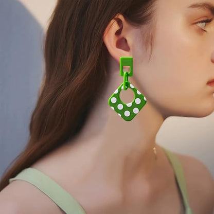 Handmade Lightweight Retro Polka Dot Square Hollow Round Dangle Drop Earrings Unique Chic Resin Geometric Stud Earrings For Women - style: Green Chain