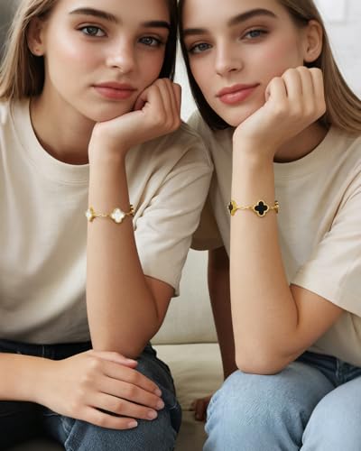 Four Leaf Clover Bracelet 18K Gold Plated Bracelets for Women Lucky Flower Design Stainless Steel Hypoallergenic Link Chain Adjustable Dainty Trendy Jewelry Gifts for Women - color: White