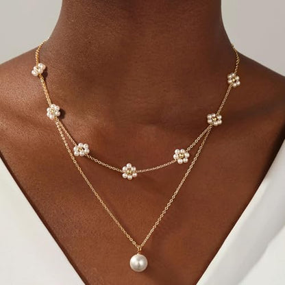 Ritach Pearl Necklaces for Women - Real Gold Plated Dainty Pearl Necklace Daisy Round Drop Pearl Choker Necklace Layered Gold Necklace for Women Teen Girls Bridesmaid Wedding Birthday Gifts - style: Gold-Layered Daisy Pearl
