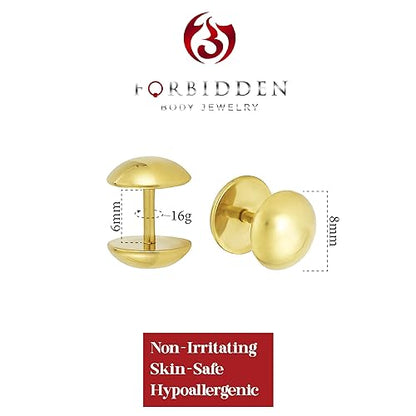Forbidden Body Jewelry 16g 8mm Titanium IP Plated Surgical Steel Dome Cheater Plug Earrings, Fake 0 Gauge Earrings - style: Gold Tone