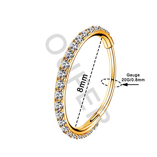 OUFER Gold Hinged Segment Earring Hoop 16G Stainless Steel with Cartilage Earrings Clear CZ Paved Tragus Helix Earrings Cartilage Earring Septum Nose Ring Hoop - color: 20G，8mm