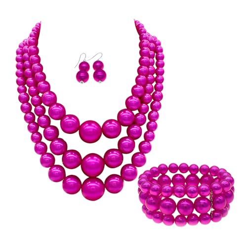 Big Chunky Pearl Necklace and Earrings Set Large Costume 1920s Faux Pearls Gatsby Accessories - color: A-Fuchsia