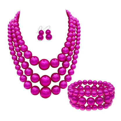 Big Chunky Pearl Necklace and Earrings Set Large Costume 1920s Faux Pearls Gatsby Accessories - color: A-Fuchsia