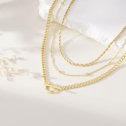 Turandoss Layered Necklaces for Women, 14K Gold Plated Chain Necklace Stack | Non Tarnish Gold Necklaces for Women, Toggle Clasp Herringbone Rope Satellite Cuban Link Chain Necklace, Trendy Jewelry Gifts - color: " rope+satellite+toggle-G