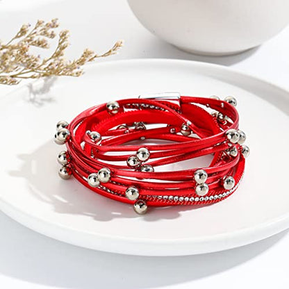 ZMANYIJEW Leather Wrap Bracelets for Women,Boho Cuff Bracelets Multi-Layer Crystal Beads Cuff Bracelet Multilayered Leopard Leather Braided Bangle Wrist Cuff Bangles - style: bead--red