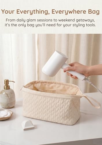 TeeYee Nylon Hair Tools Travel Bag for Dyson Airwrap Quilted Toiletry Bag | Travel Storage Bag for Shark Flexstyle/Curling Iron,Water-repellent,Wide-open,Well-structured,Heat-safe lining,002beige - color: 002Beige